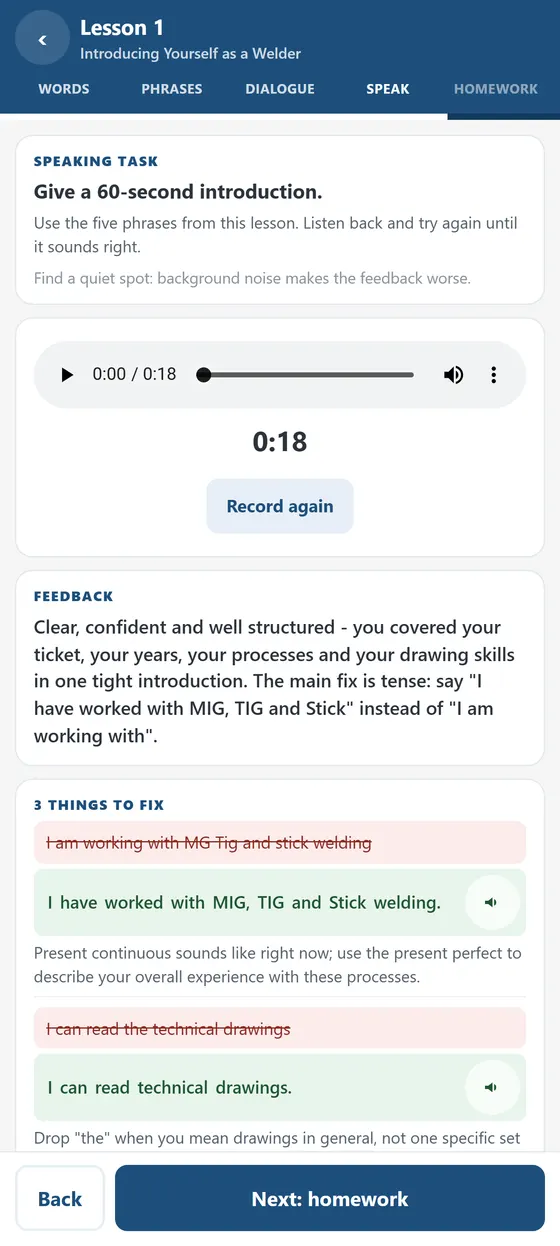 Feedback screen: the learner's mistakes crossed out and corrected